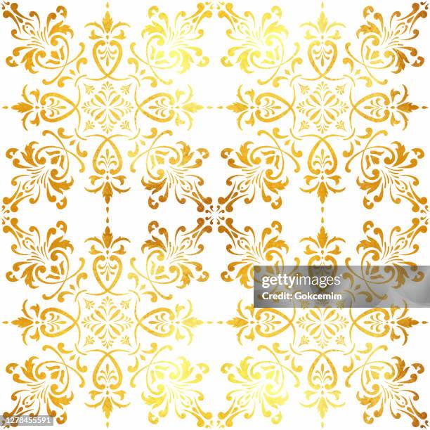 gold foil hand painted metallic tile. seamless arabic style pattern. vector tile pattern, lisbon arabic floral mosaic, mediterranean seamless gold colored ornament. - ceramic tile samples stock illustrations
