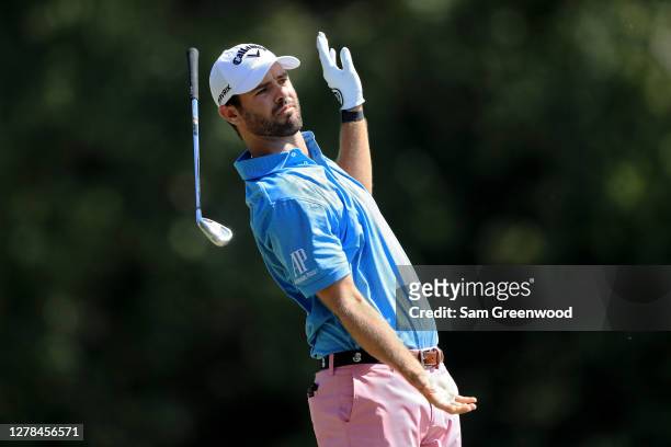Wesley Bryan reacts to his shot on the fourth tee during the final round of the Sanderson Farms Championship at The Country Club of Jackson on...