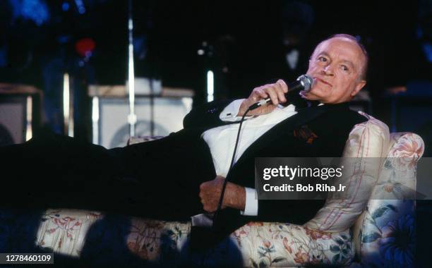 Legendary comedian Bob Hope during performance at 'Victory Night 1984', a Republication gathering of dignitaries and celebrities, some flown to event...