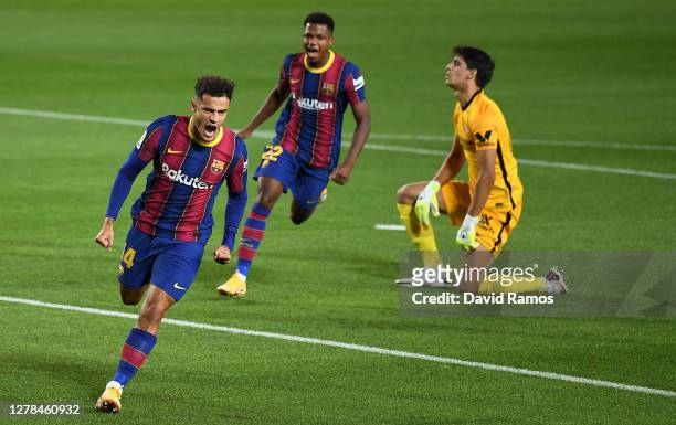 Phillipe Coutinho of Barcelona celebrates after scoring his team's first goal during the La Liga Santander match between FC Barcelona and Sevilla FC...