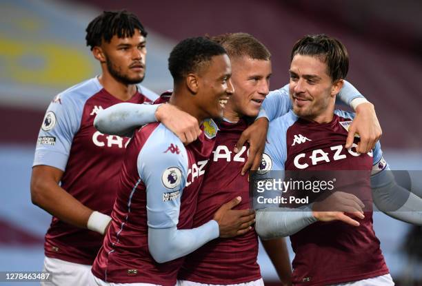 Ross Barkley of Aston Villa celebrates after scoring his team's fifth goal with his team during the Premier League match between Aston Villa and...