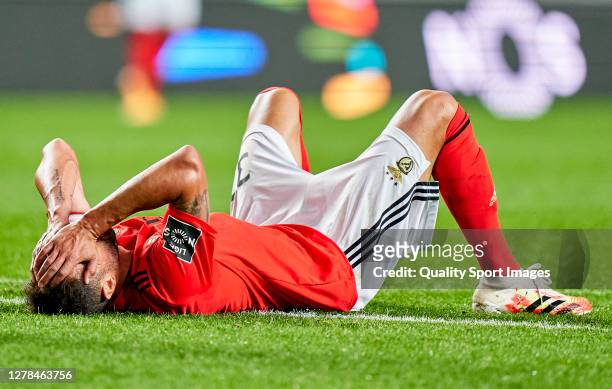 Jardel of SL Benfica reacts after injury himself during the Liga NOS match between SL Benfica and SC Farense at Estadio da Luz on October 04, 2020 in...