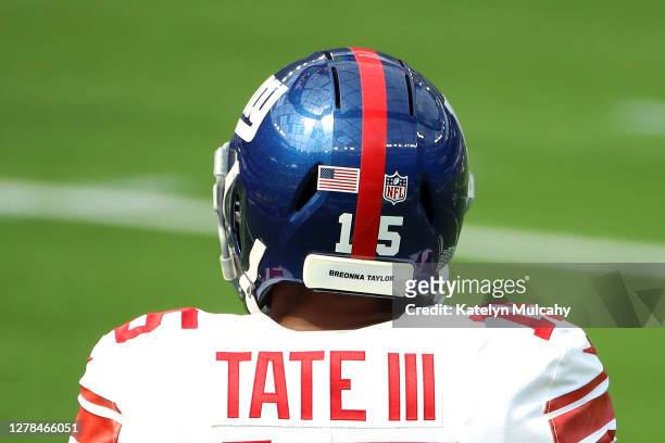 Detailed view of the helmet of Golden Tate of the New York Giants that reads "Breonna Taylor" before the game against the Los Angeles Rams at SoFi...