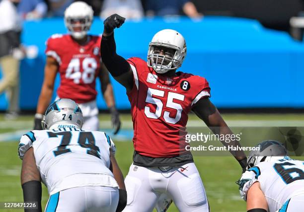 Chandler Jones of the Arizona Cardinals gestures to the official after a false start by the Carolina Panthers during the first quarter of their game...
