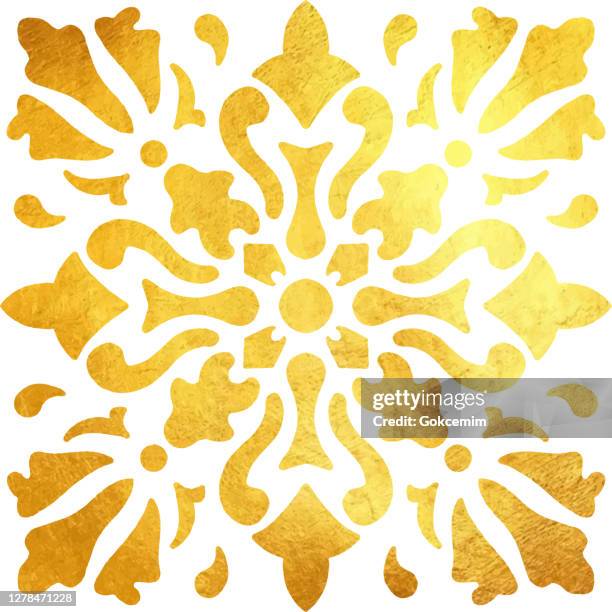 gold foil hand painted metallic tile. arabic style pattern. vector tile pattern, lisbon arabic floral mosaic, mediterranean gold colored ornament. - moroccan tile stock illustrations