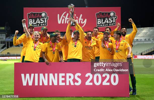 Nottinghamshire captain Dan Christian lifts the Vitality Blast Trophy with his teammates after victory in the Vitality Blast 20 Final between Surrey...