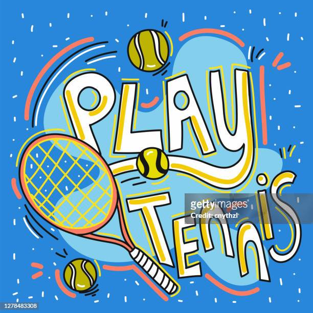 stockillustraties, clipart, cartoons en iconen met speel tennis leuke doodle illustratie met hand getrokken kleurrijke symbolen. - racket