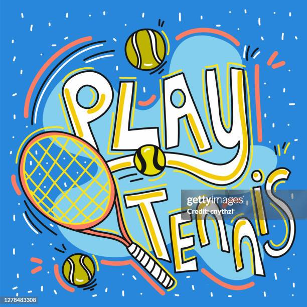 ilustrações, clipart, desenhos animados e ícones de jogue ilustração de doodle bonito de tênis com símbolos coloridos desenhados à mão. - raqueta de tenis