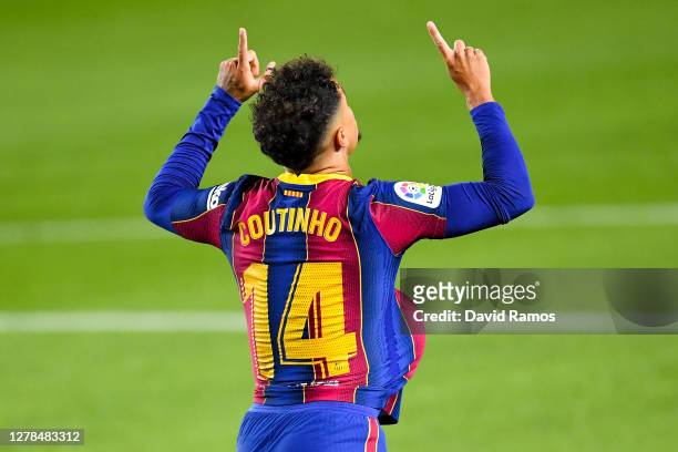 Philippe Coutinho of FC Barcelona celebrates after scoring his team's first goal during the La Liga Santander match between FC Barcelona and Sevilla...