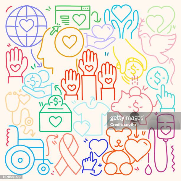 ilustraciones, imágenes clip art, dibujos animados e iconos de stock de ilustración de doodle lindo con la caridad y la donación dibujado a mano símbolos coloridos. - ayuda humanitaria