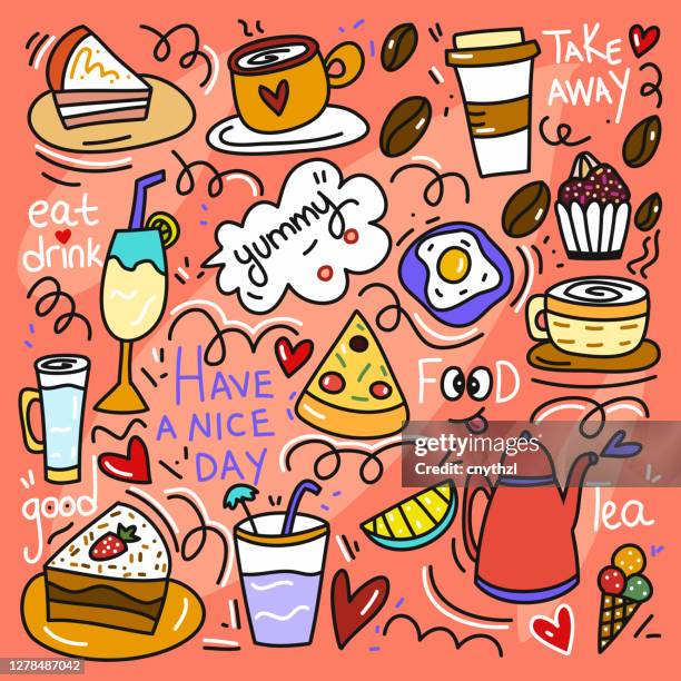 kaffee und kuchen süße doodle illustration mit hand gezeichnet bunte symbole. - breakfast cartoon stock-grafiken, -clipart, -cartoons und -symbole