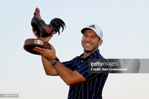 Sergio Garcia of Spain celebrates with the trophy after winning the Sanderson Farms Championship at The Country Club of Jackson on October 04, 2020...