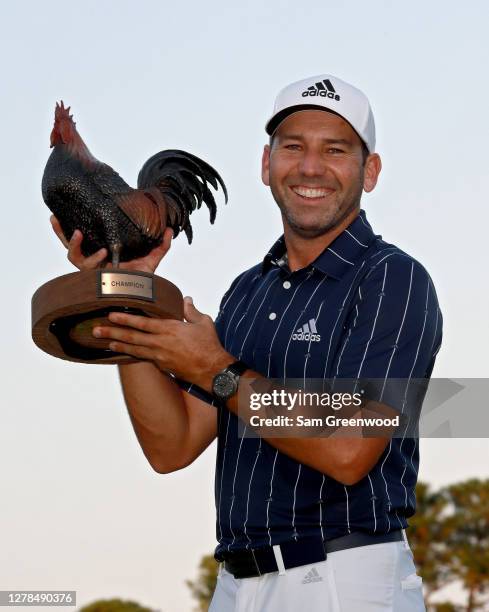 Sergio Garcia of Spain celebrates with the trophy after winning the Sanderson Farms Championship at The Country Club of Jackson on October 04, 2020...