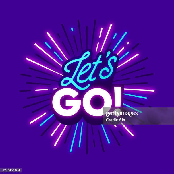 stockillustraties, clipart, cartoons en iconen met let's go travel opwinding neon phrase - lettertype