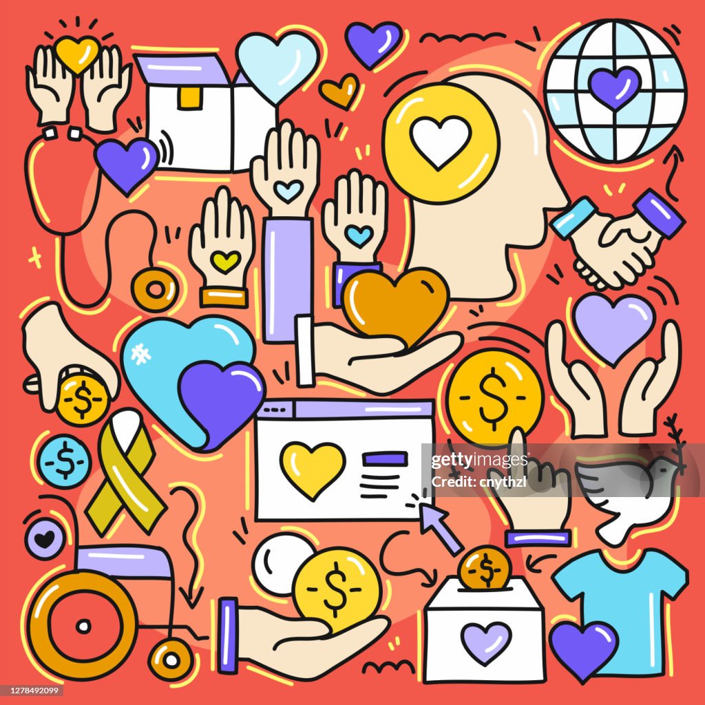 Cute Doodle Illustration with Charity and Donation Hand Drawn Colorful Symbols.