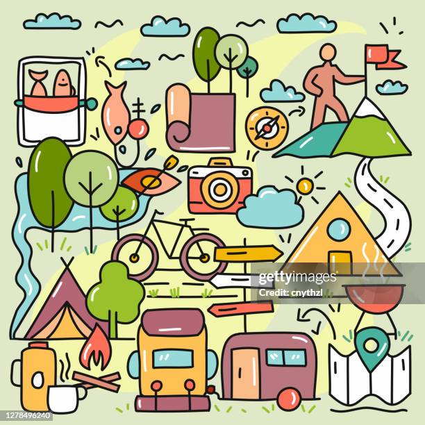 cute doodle illustration with camping and outdoor activity hand drawn colorful symbols. - campfire art stock illustrations