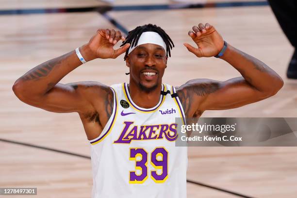 Dwight Howard of the Los Angeles Lakers reacts during the first half against the Miami Heat in Game Three of the 2020 NBA Finals at AdventHealth...