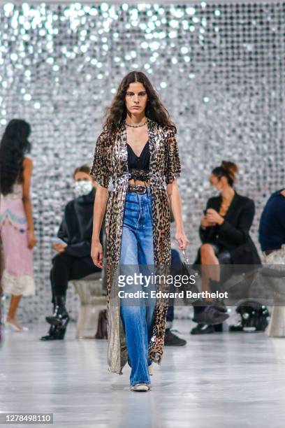 Model walks the runway during the Paco Rabanne show, during Paris Fashion Week Womenswear Spring/Summer 2021, on October 04, 2020 in Paris, France.
