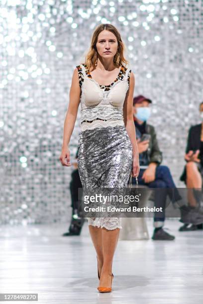 Christa Theret walks the runway during the Paco Rabanne show, during Paris Fashion Week Womenswear Spring/Summer 2021, on October 04, 2020 in Paris,...