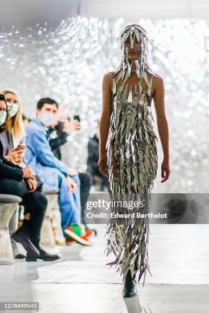 Model walks the runway during the Paco Rabanne show, during Paris Fashion Week Womenswear Spring/Summer 2021, on October 04, 2020 in Paris, France.