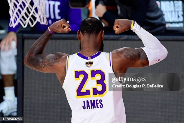 LeBron James of the Los Angeles Lakers reacts during the first half against the Miami Heat in Game Three of the 2020 NBA Finals at AdventHealth Arena...