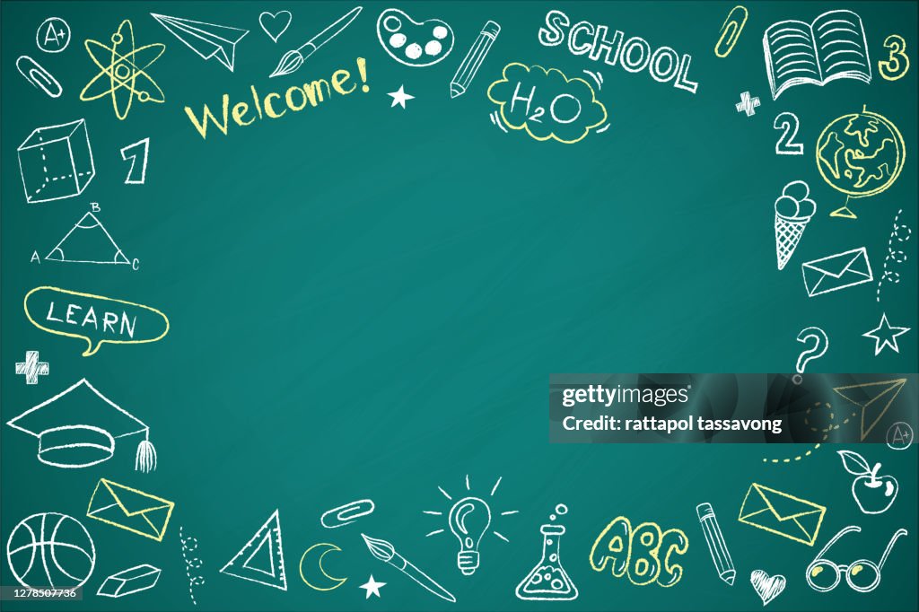 Vector frame back to school with education doodle icon symbols on green chalkboard. EPS10.