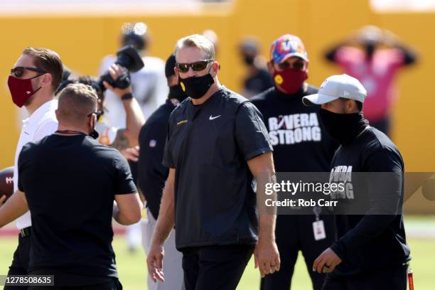 Defensive coordinator Jack Del Rio of the Washington Football Team looks during warm ups against the Baltimore Ravens at FedExField on October 04,...