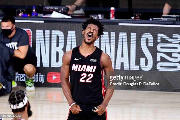 Jimmy Butler of the Miami Heat reacts during the second half against the Los Angeles Lakers in Game Three of the 2020 NBA Finals at AdventHealth...