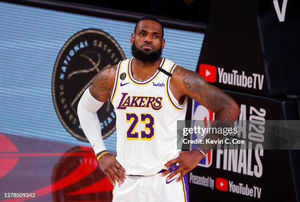 LeBron James of the Los Angeles Lakers reacts during the second half against the Miami Heat in Game Three of the 2020 NBA Finals at AdventHealth...