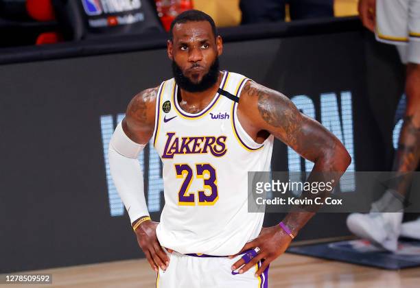 LeBron James of the Los Angeles Lakers reacts during the fourth quarter against the Miami Heat in Game Three of the 2020 NBA Finals at AdventHealth...