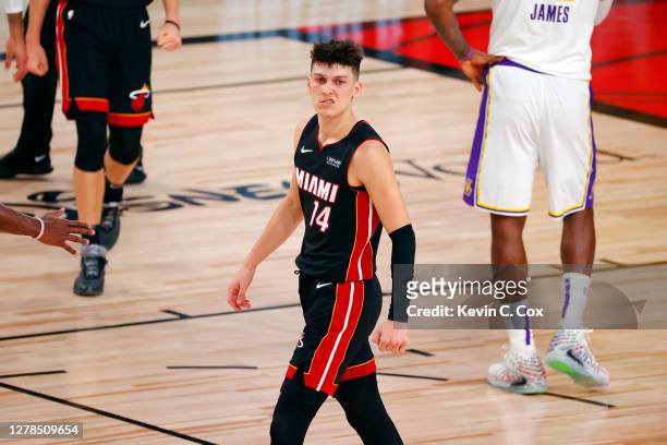 Tyler Herro of the Miami Heat reacts during the fourth quarter against the Los Angeles Lakers in Game Three of the 2020 NBA Finals at AdventHealth...