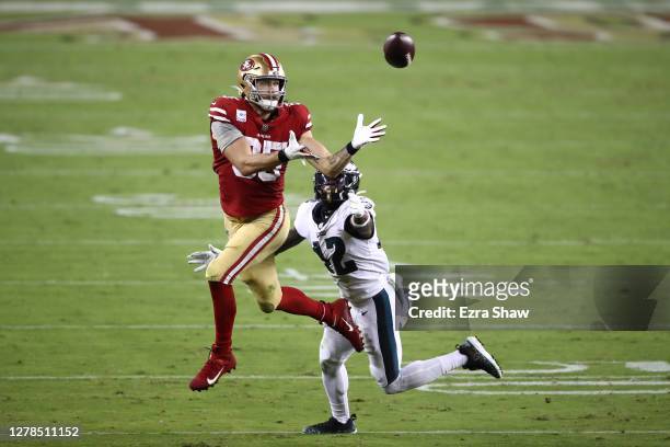 George Kittle of the San Francisco 49ers makes a catch against K'Von Wallace of the Philadelphia Eagles in the third quarter of the game at Levi's...