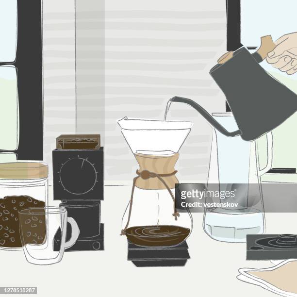 illustrations, cliparts, dessins animés et icônes de brassage du café goutte à goutte à la maison avec différents outils croquis vecteur - plate food