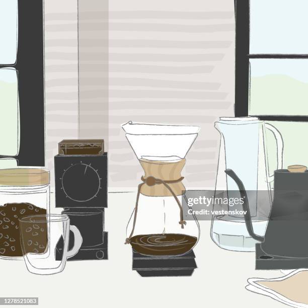 brauen tropf kaffee zu hause mit verschiedenen werkzeugen skizzieren vektor - filterkaffee stock-grafiken, -clipart, -cartoons und -symbole