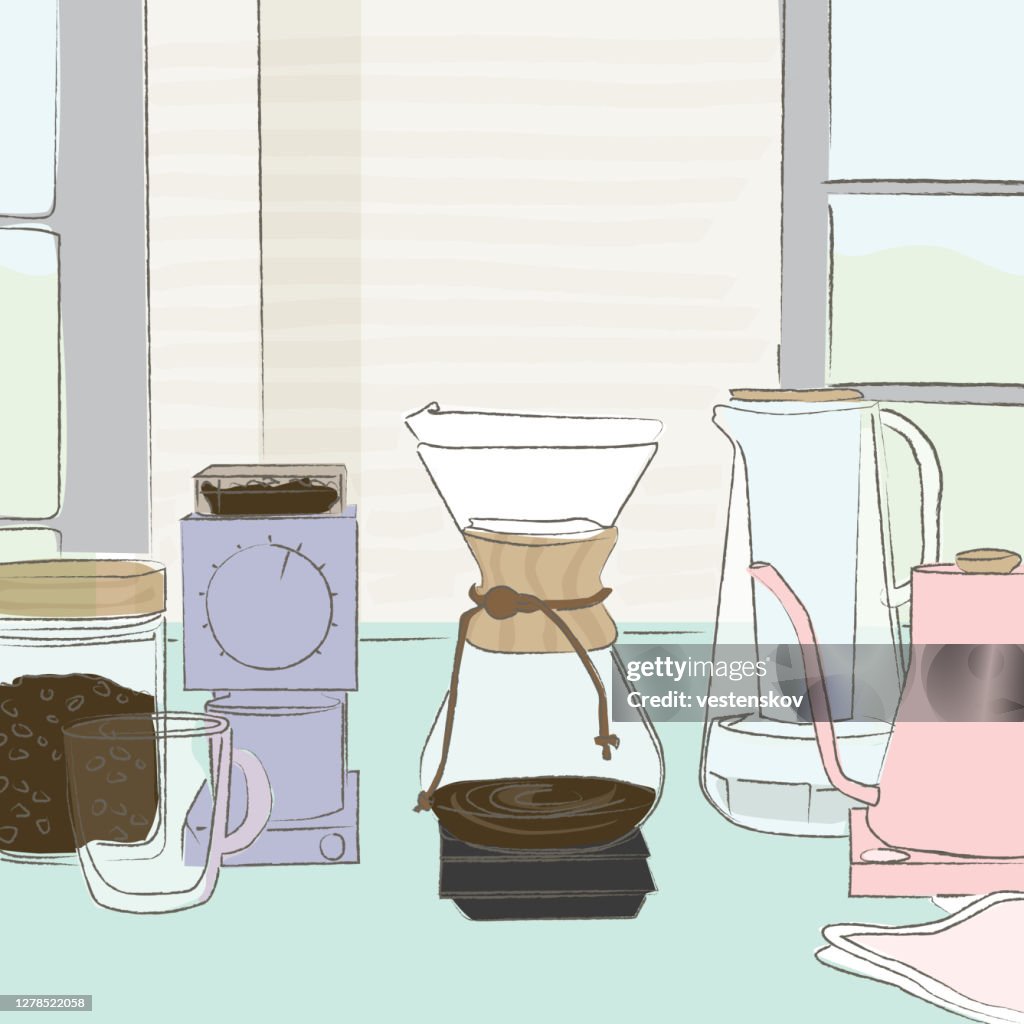 Brewing drip coffee at home with different tools sketch vector