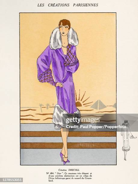 Hand coloured illustration from French fashion publication Les Creations Parisiennes, showing an elegant, straight cut coat by Drecoll, the coat is...