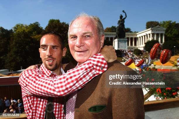 Uli Hoeness President of FC Bayern Muenchen attends with Franck Ribery the Oktoberfest beer festival at the Kaefer Wiesnschaenke tent on October 2,...