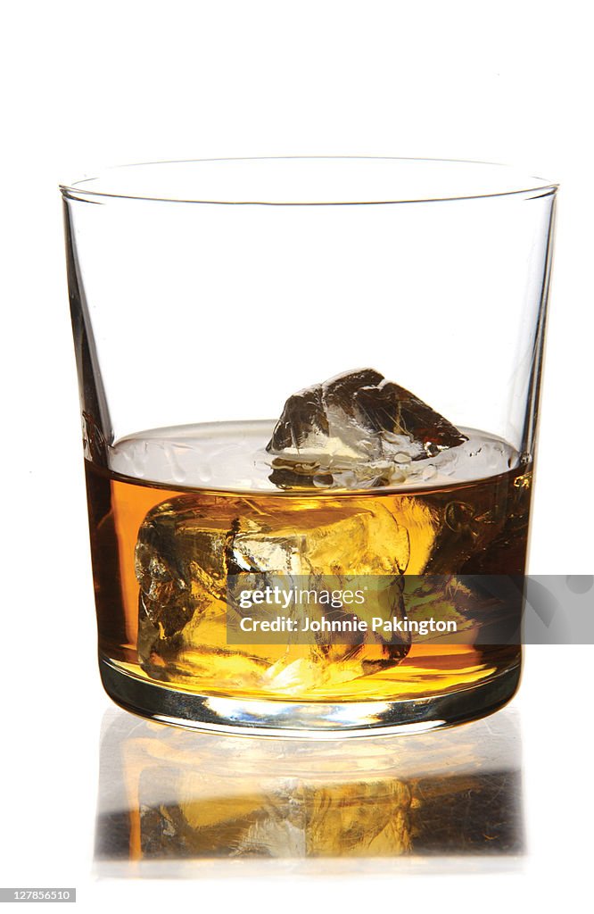 Whisky and ice in glass