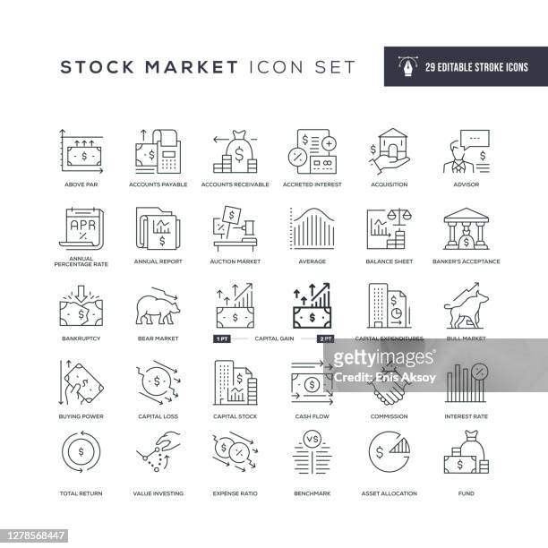illustrazioni stock, clip art, cartoni animati e icone di tendenza di icone della linea di corsa modificabile del mercato azionario - azioni e partecipazioni