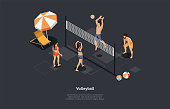 Volleyball, Team Sport Concept. Volleyball Women Vs Men Team. Men Grounding A Ball Over A Net On The Women Team s Court. Each Team Trying To Score Points. Colorful 3d Isometric Vector Illustration