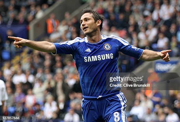 Frank Lampard of Chelsea celebrates scoring his team's second goal during the Barclays Premier League match between Bolton Wanderers and Chelsea at...