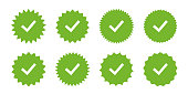 Green set of vector starburst badges with check mark. Approved star sticker isolated on white background.
