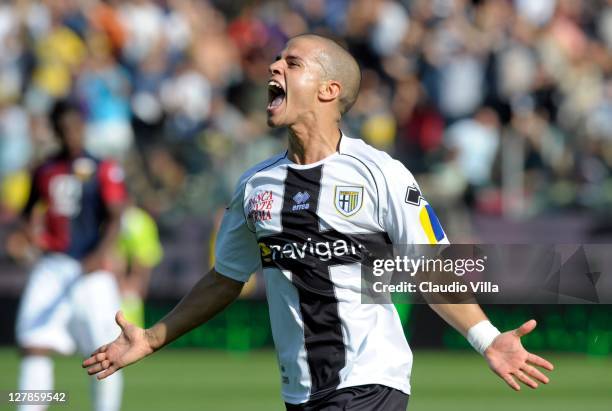 Sebastian Giovinco of Parma FC celebrates scoring the opening goal during the Serie A match between Parma FC and Genoa CFC at Stadio Ennio Tardini on...