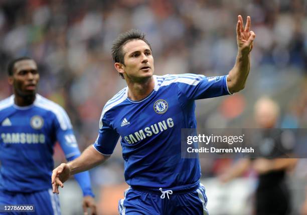 Frank Lampard of Chelsea celebrates scoring his team's fifth goal and his hat trick during the Barclays Premier League match between Bolton Wanderers...