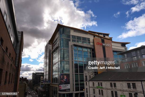 Members of the public walk past the Cineworld cinema in Renfrew street on October 05, 2020 in Various Cities, . The movie theatre chain confirmed...