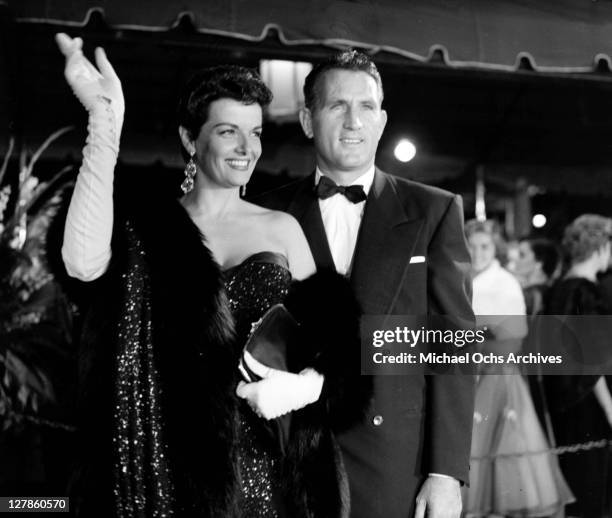 Jane Russell with her husband Bob Waterfield in red carpet appearance, circa 1955.