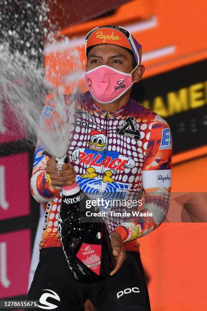 Podium / Jonathan Caicedo Cepeda of Ecuador and Team EF Pro Cycling / Celebration / Mask / Covid safety measures / Champagne / during the 103rd Giro...