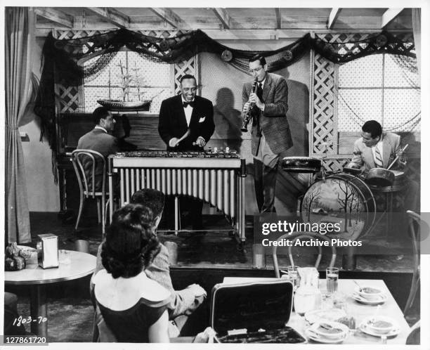 Teddy Wilson, Lionel Hampton, Steve Allen, and Gene Krupa in a scene from the film 'The Benny Goodman Story', 1956.