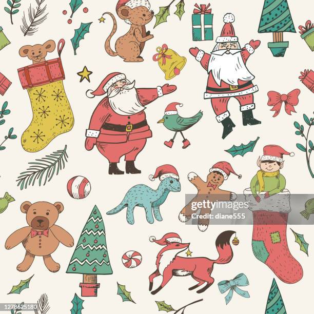 vintage christmas background - father christmas and elves stock illustrations