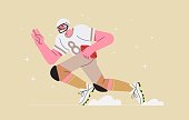 American football player running and holding ball vector illustration for baner, flyer, web page, greeting post card. Sport concept. Male trendy character playing football or gridiron and run fast.